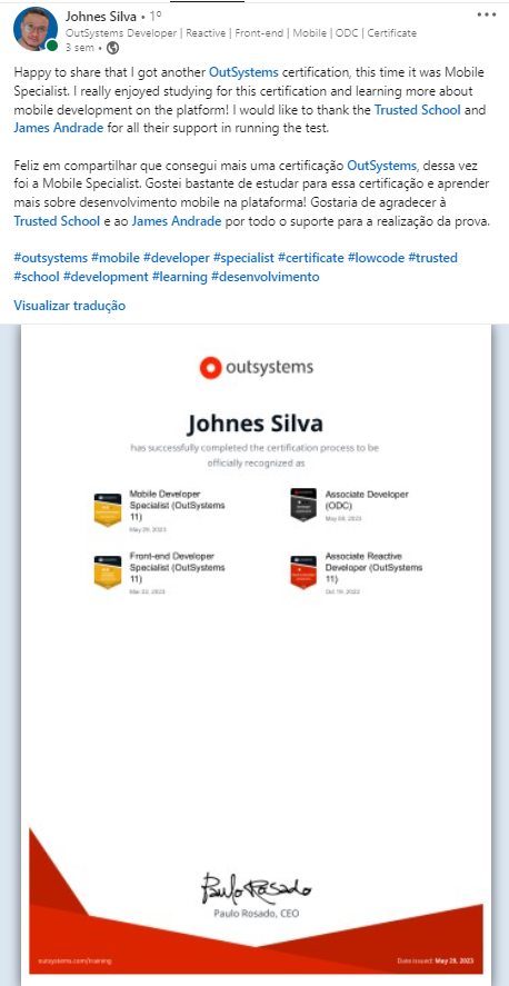 Aluno Johnes Silva Certificado